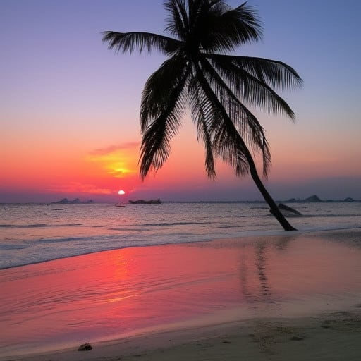 A picture of a beach in Thailand with a palm tree at the water's edge. The sun is setting on the horizon.