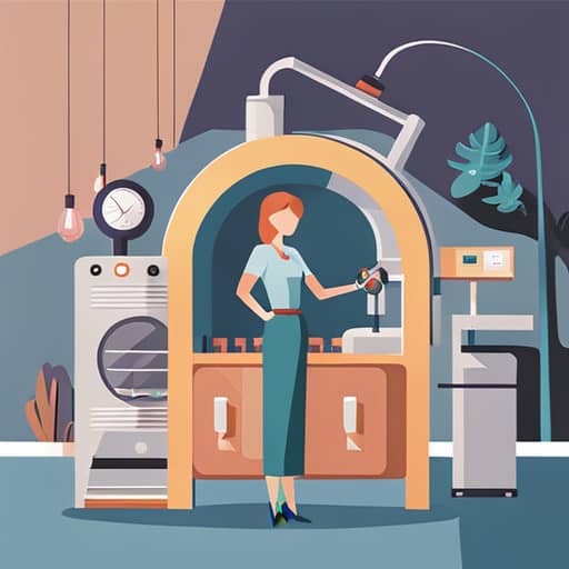 a flat illustration of a woman changing modes on a machine that represents the acronym generator 