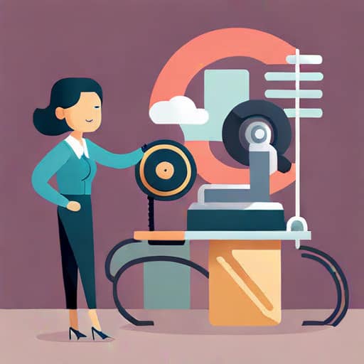 a flat illistration of a woman adjusting settings on a machine that represents the modes of the analogy generator.