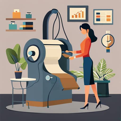 A flat illustration of a woman using a generator to print out benefits of the article maker