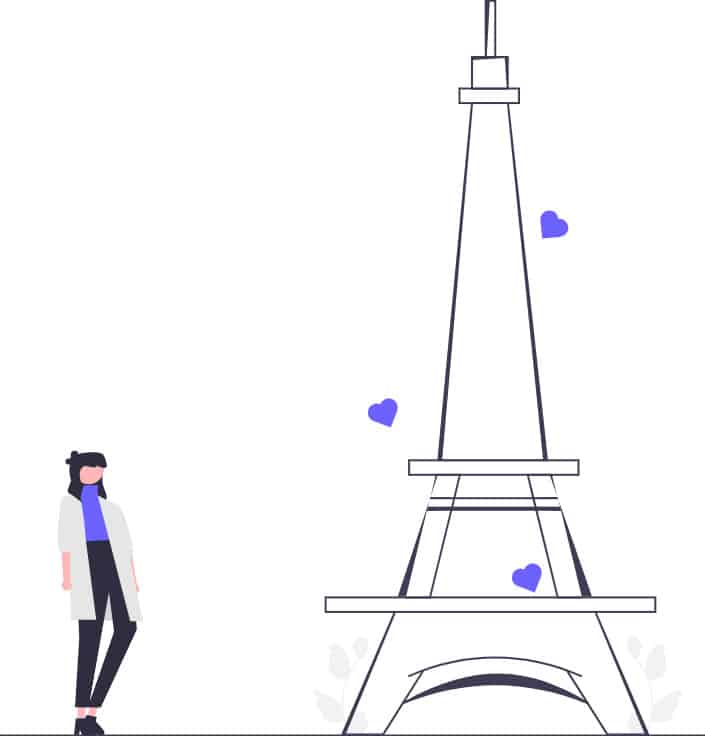 A woman looks at the Eiffel Tower and things about the type of caption she wants.