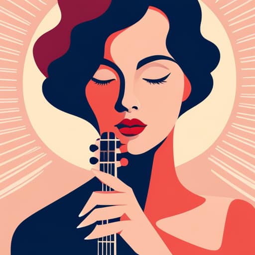 A flat illustration of a woman with closed eyes holding a guitar. 