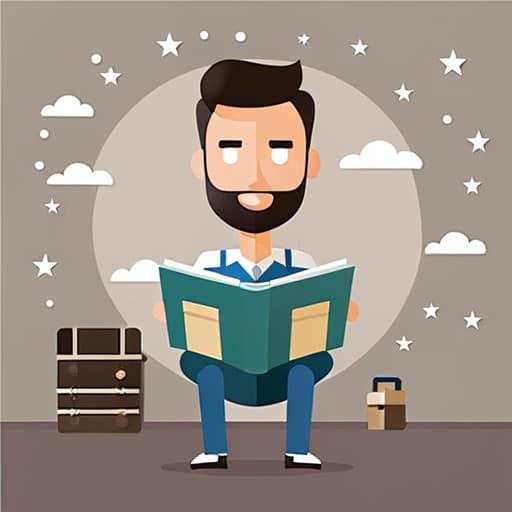 a flat illustration of a man reading a book of sample input queries for the random word maker