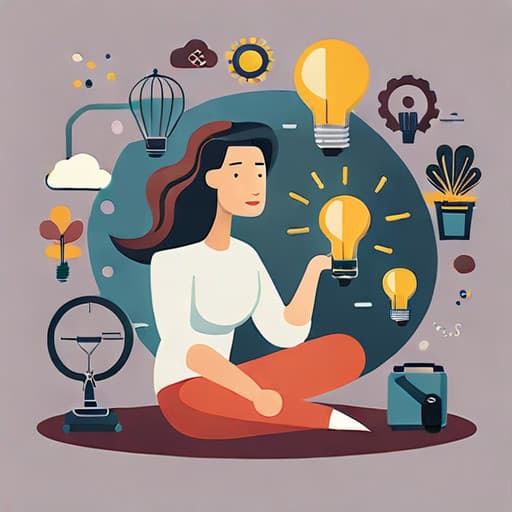 a flat illustration of a woman having ideas about the uses for a related word generator.
