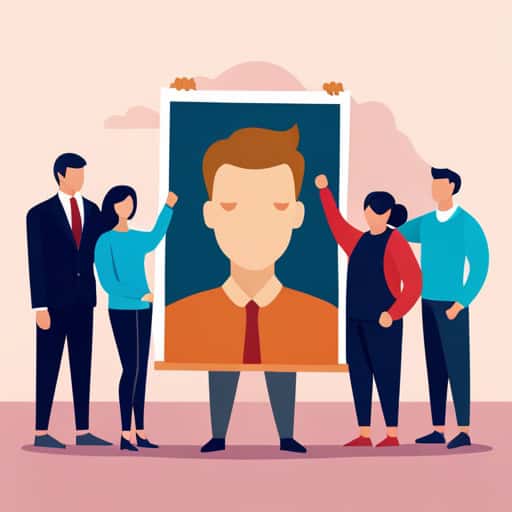 A flat illustration of coworkers holding up a giant photo.