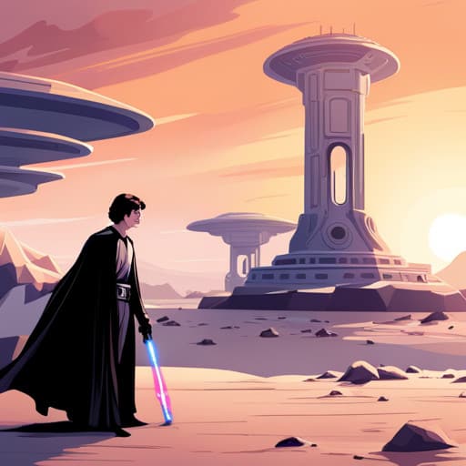 A flat illustration of a man dressed in black with a light saber.