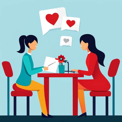 A flat illustration of two women discussing love letters