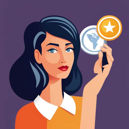 A flat cartoon illustration of a woman holding a coin and a globe.