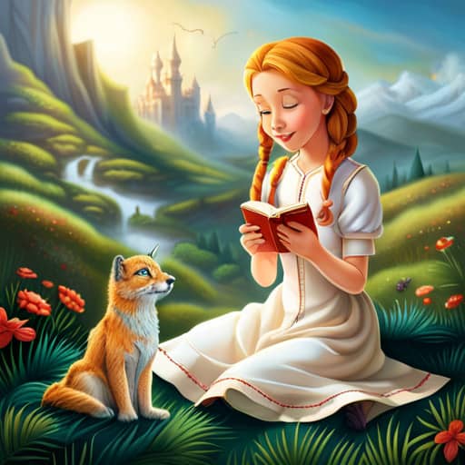 a little girl reads fairytale stories to her friend the fox.