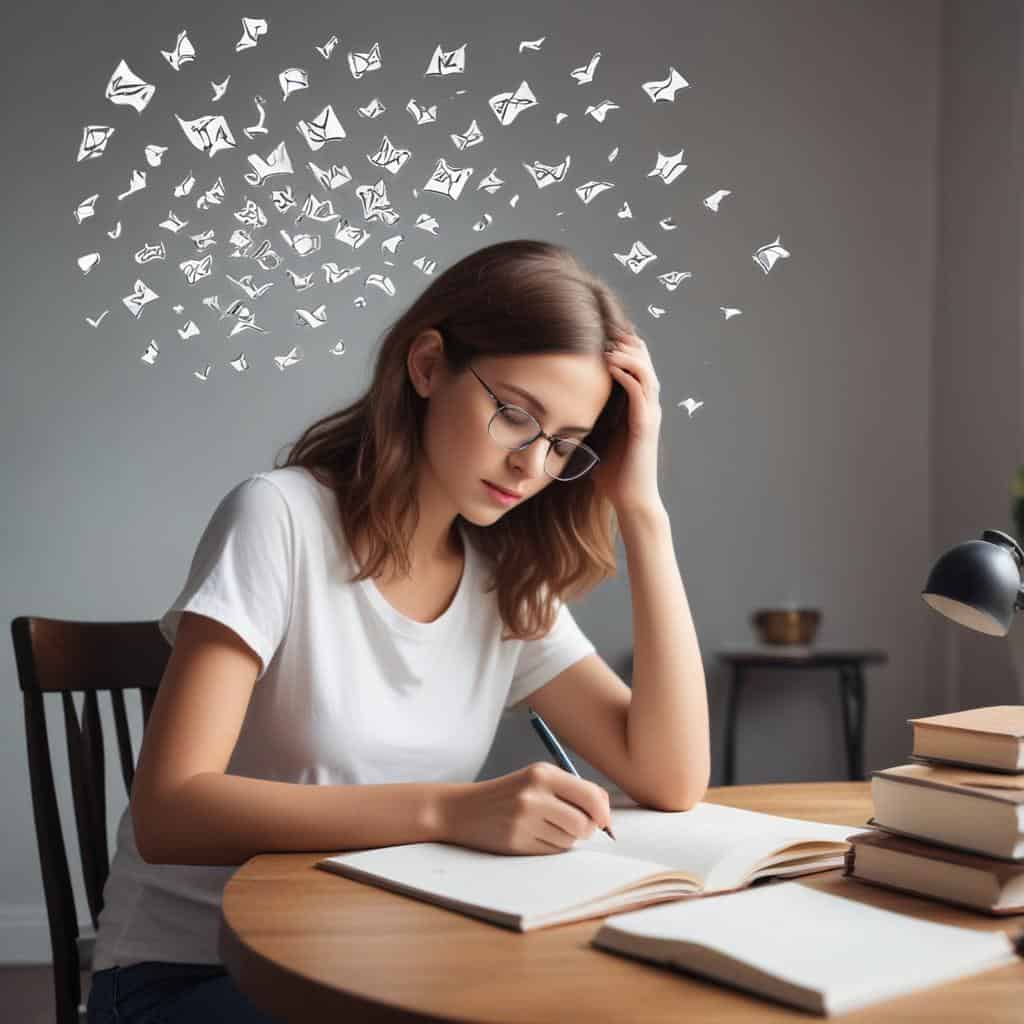 a woman sitting at a table writing in a book